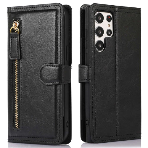 Anti-drop Phone Cover For Samsung Galaxy S22 Ultra 5G, Zipper Pocket Phone Wallet Case PU Leather Protective Phone Shell with Magnetic Buckle - Black - 1