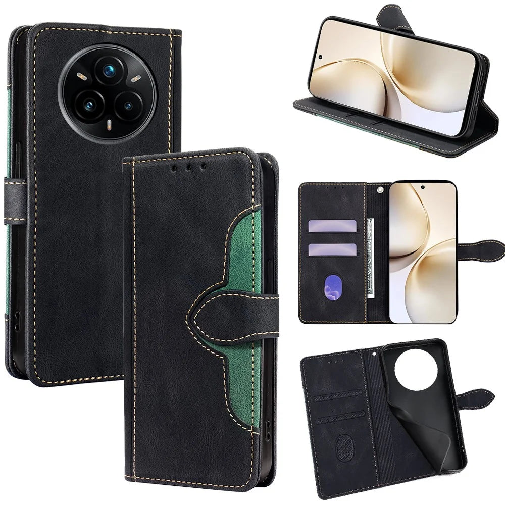 For Realme 14 Pro 5G Case Leather Wallet Phone Cover with Straw Hat Magnetic Clasp - Black - 1