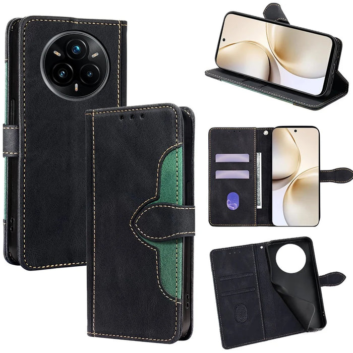 For Realme 14 Pro 5G Case Leather Wallet Phone Cover with Straw Hat Magnetic Clasp - Black - 1