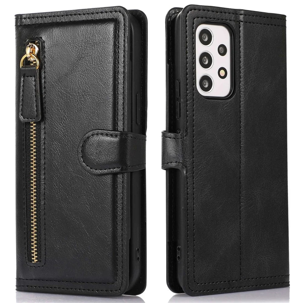 Zipper Pocket Phone Case For Samsung Galaxy A23 5G (Global Version) / 4G Shockproof PU Leather Phone Cover Wallet Stand with Magnetic Buckle - Black - 1
