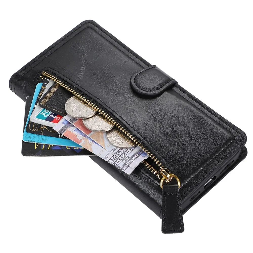 Zipper Pocket Phone Case For Samsung Galaxy A23 5G (Global Version) / 4G Shockproof PU Leather Phone Cover Wallet Stand with Magnetic Buckle - Black - 4