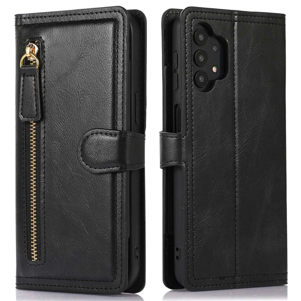 For Samsung Galaxy A32 5G / M32 5G PU Leather Magnetic Buckle Phone Cover Wear-resistant Zipper Pocket Phone Case Wallet Stand - Black - 1