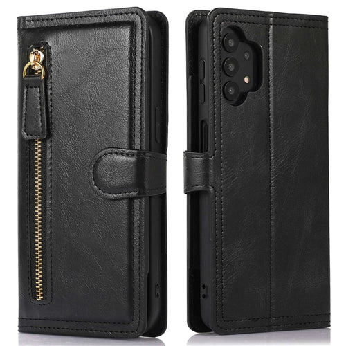 For Samsung Galaxy A32 5G / M32 5G PU Leather Magnetic Buckle Phone Cover Wear-resistant Zipper Pocket Phone Case Wallet Stand - Black - 1