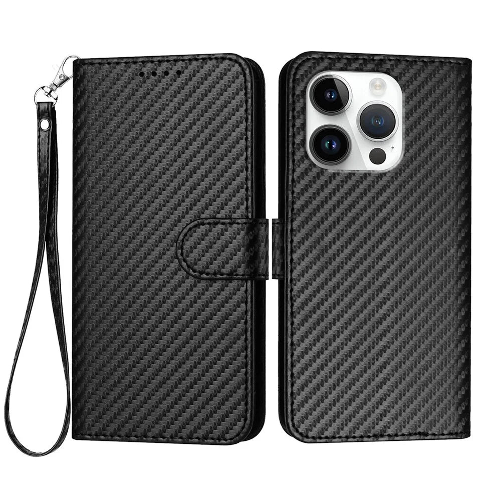 For iPhone 16 Pro Wallet Case with Strap Carbon Fiber Texture Leather Mobile Cover - Black - 1