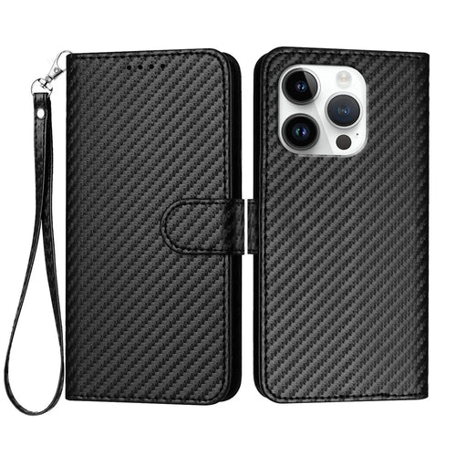 For iPhone 16 Pro Wallet Case with Strap Carbon Fiber Texture Leather Mobile Cover - Black - 1