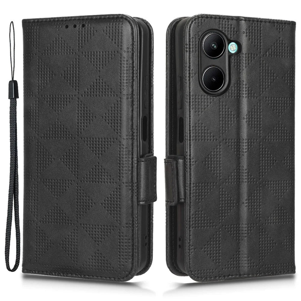 For Realme C33 4G  Imprinted Triangle Pattern PU Leather Phone Case Magnetic Handbag Hand Strap Flip Stand Wallet Cover - Black - 1