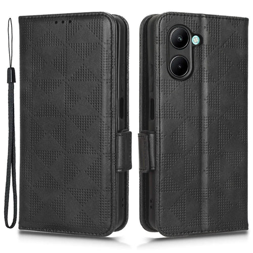 For Realme C33 4G  Imprinted Triangle Pattern PU Leather Phone Case Magnetic Handbag Hand Strap Flip Stand Wallet Cover - Black - 1