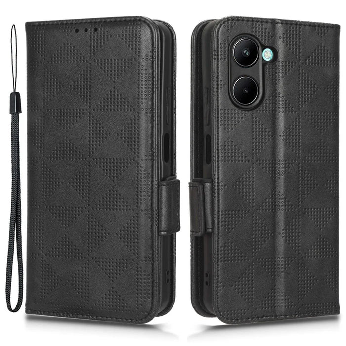 For Realme C33 4G  Imprinted Triangle Pattern PU Leather Phone Case Magnetic Handbag Hand Strap Flip Stand Wallet Cover - Black - 1