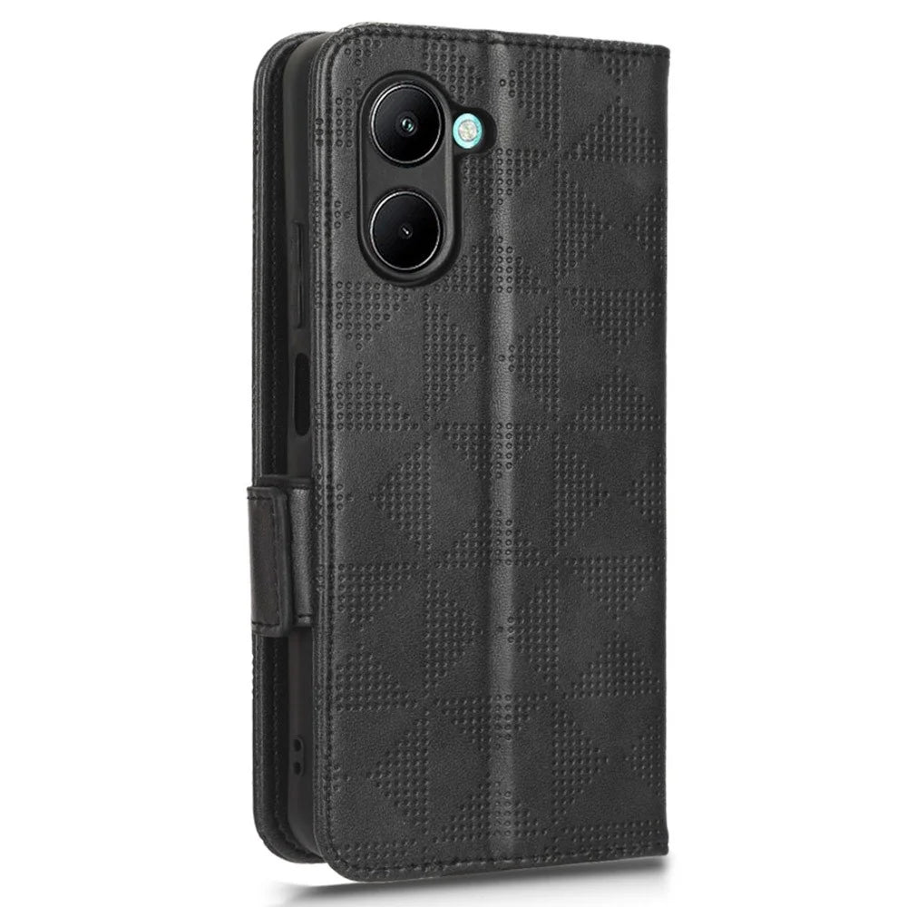 For Realme C33 4G  Imprinted Triangle Pattern PU Leather Phone Case Magnetic Handbag Hand Strap Flip Stand Wallet Cover - Black - 5