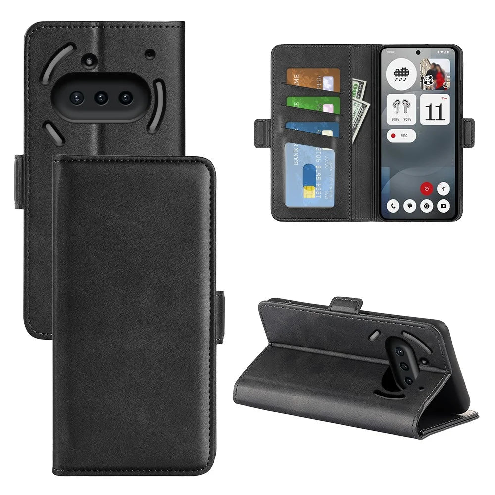 For Nothing Phone (3a) Case Calf Texture Leather Wallet Phone Cover - Black - 1