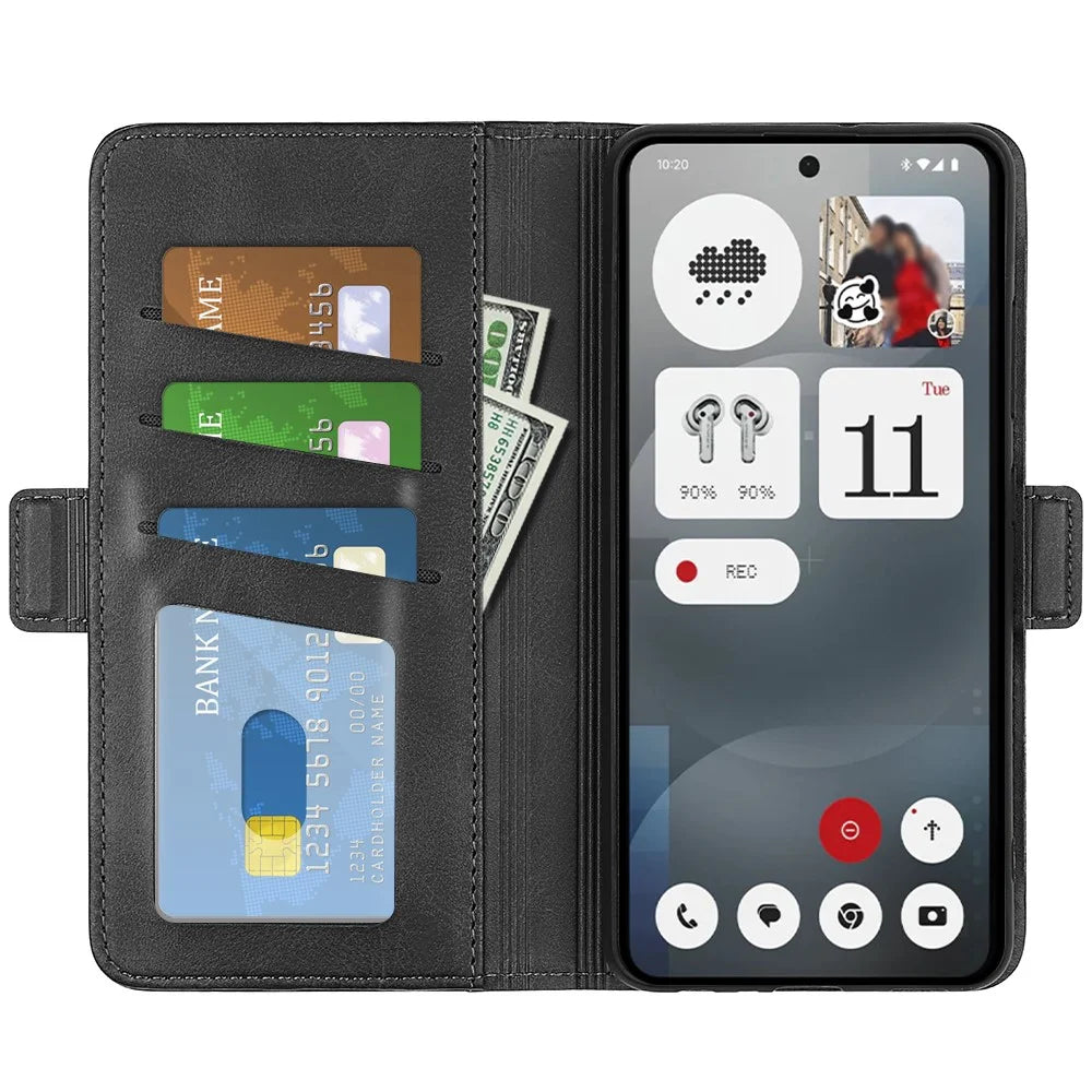For Nothing Phone (3a) Case Calf Texture Leather Wallet Phone Cover - Black - 2