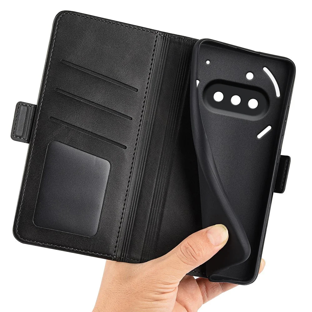 For Nothing Phone (3a) Case Calf Texture Leather Wallet Phone Cover - Black - 3