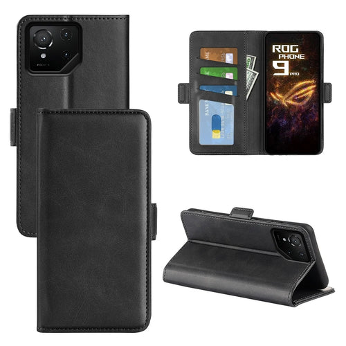 For Asus ROG Phone 9 Pro 5G Case Calf Texture Leather Wallet Phone Cover - Black - 1