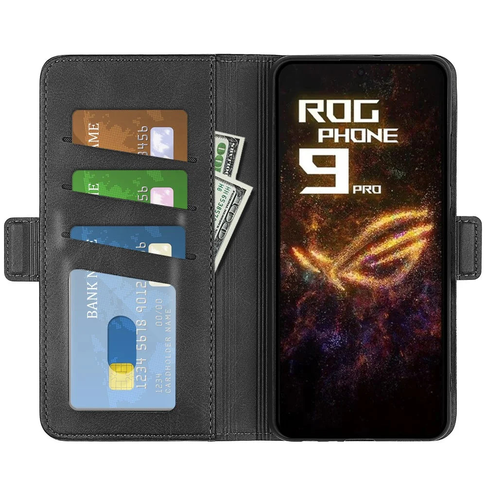 For Asus ROG Phone 9 Pro 5G Case Calf Texture Leather Wallet Phone Cover - Black - 2