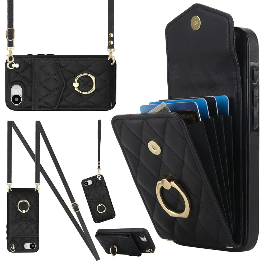 For iPhone 17e / 16e Case RFID Blocking Card Bag Leather + TPU Crossbody Phone Cover with Ring Kickstand - Black - 1