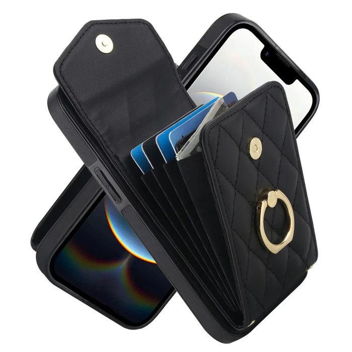 For iPhone 17e / 16e Case RFID Blocking Card Bag Leather + TPU Crossbody Phone Cover with Ring Kickstand - Black - 2