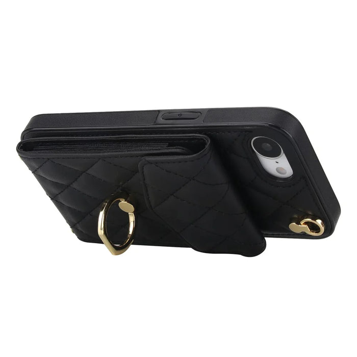 For iPhone 17e / 16e Case RFID Blocking Card Bag Leather + TPU Crossbody Phone Cover with Ring Kickstand - Black - 3