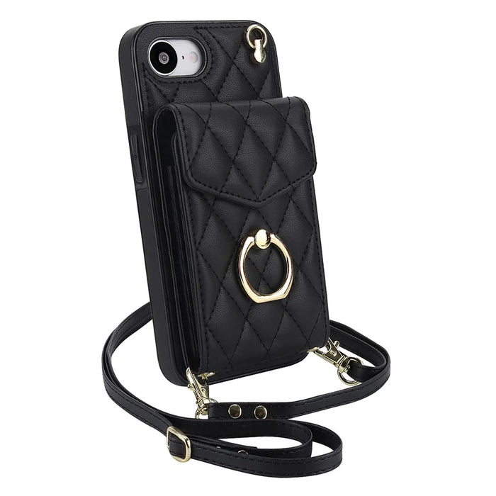 For iPhone 17e / 16e Case RFID Blocking Card Bag Leather + TPU Crossbody Phone Cover with Ring Kickstand - Black - 4