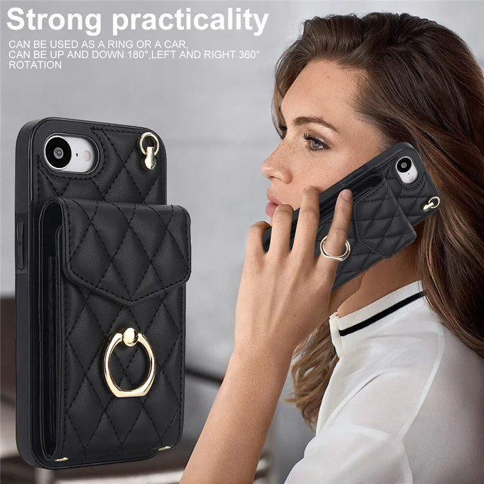 For iPhone 17e / 16e Case RFID Blocking Card Bag Leather + TPU Crossbody Phone Cover with Ring Kickstand - Black - 5