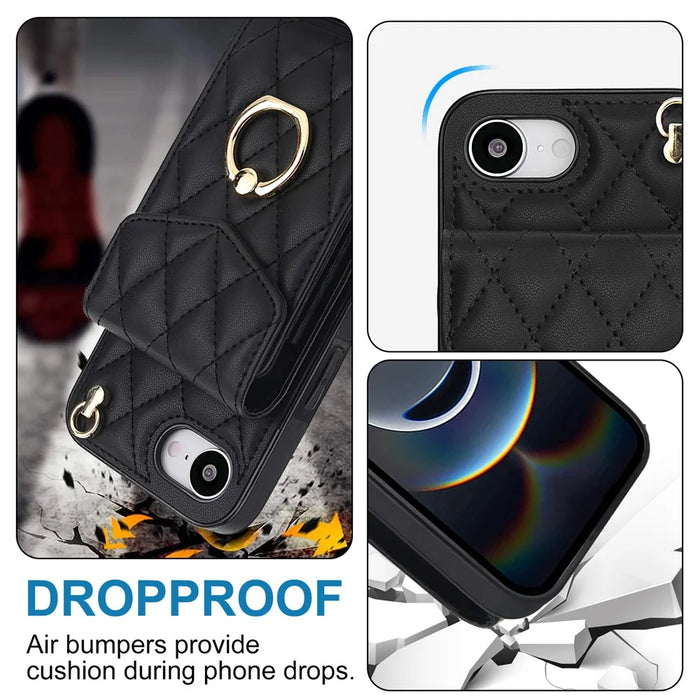 For iPhone 17e / 16e Case RFID Blocking Card Bag Leather + TPU Crossbody Phone Cover with Ring Kickstand - Black - 6