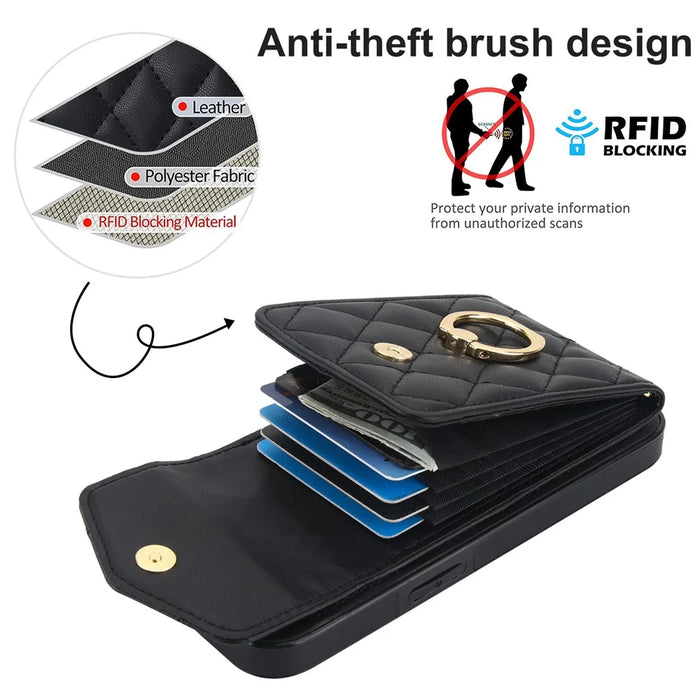 For iPhone 17e / 16e Case RFID Blocking Card Bag Leather + TPU Crossbody Phone Cover with Ring Kickstand - Black - 7
