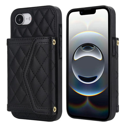 For iPhone 17e / 16e Case Card Holders RFID Blocking PU Leather + TPU Phone Cover with Shoulder Strap - Black - 1