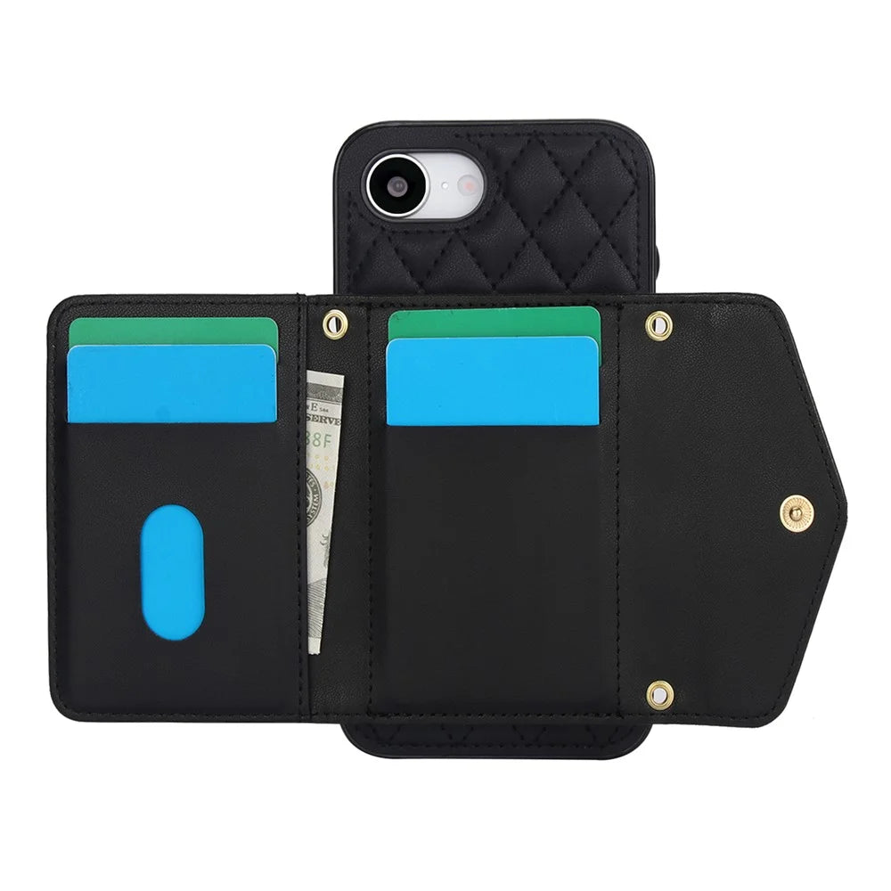 For iPhone 17e / 16e Case Card Holders RFID Blocking PU Leather + TPU Phone Cover with Shoulder Strap - Black - 2