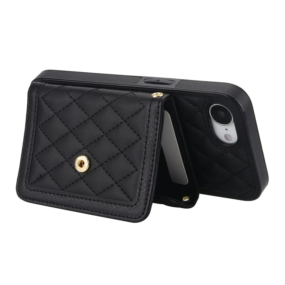 For iPhone 17e / 16e Case Card Holders RFID Blocking PU Leather + TPU Phone Cover with Shoulder Strap - Black - 3