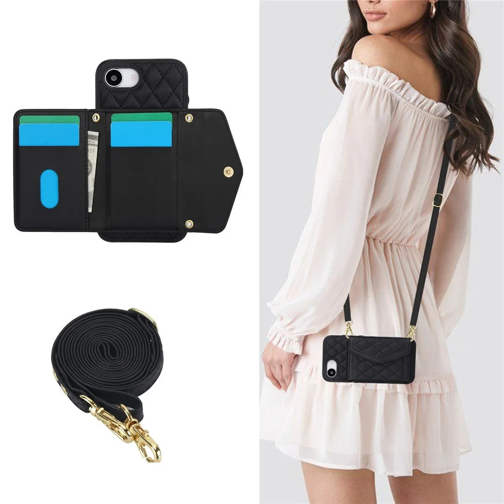 For iPhone 17e / 16e Case Card Holders RFID Blocking PU Leather + TPU Phone Cover with Shoulder Strap - Black - 4