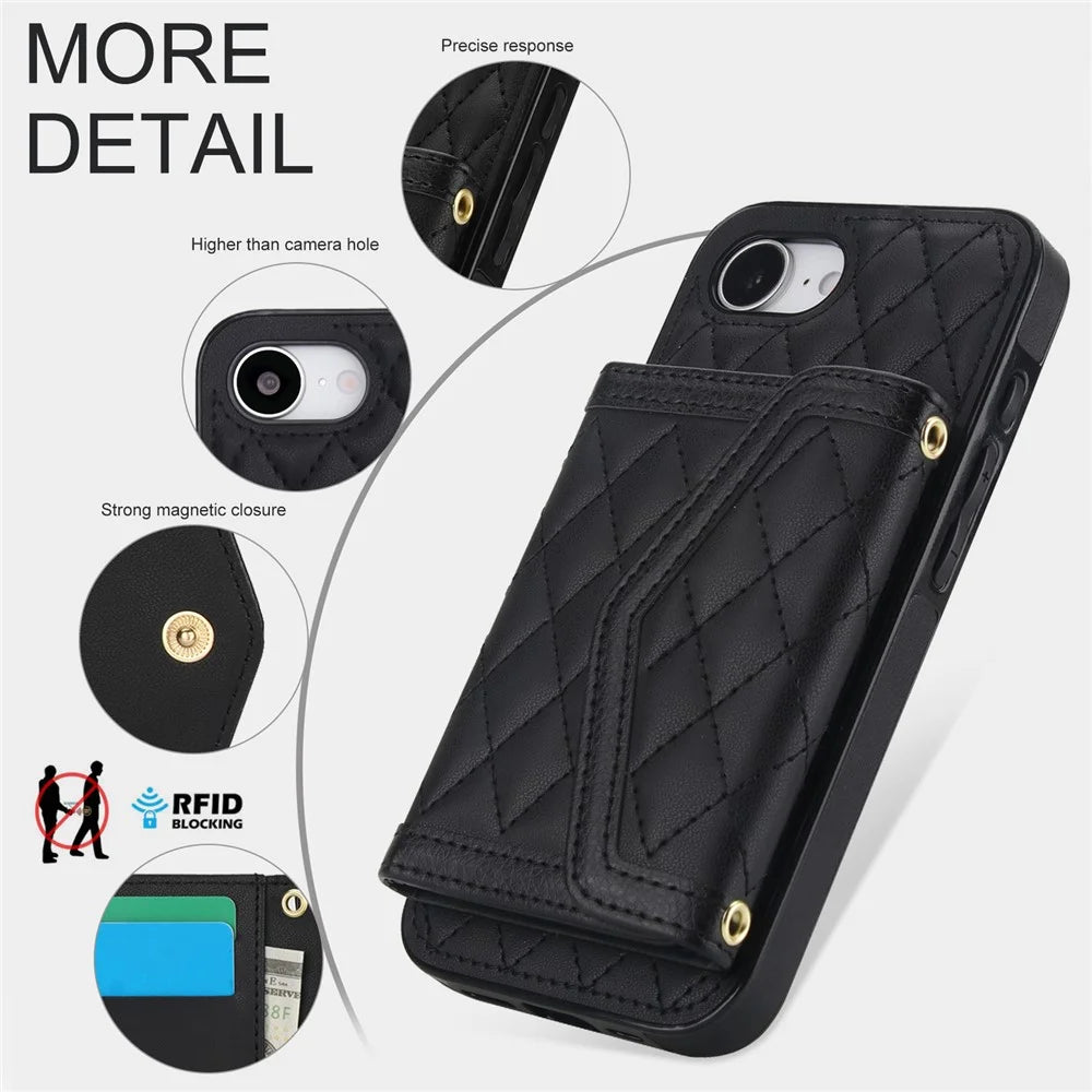 For iPhone 17e / 16e Case Card Holders RFID Blocking PU Leather + TPU Phone Cover with Shoulder Strap - Black - 5