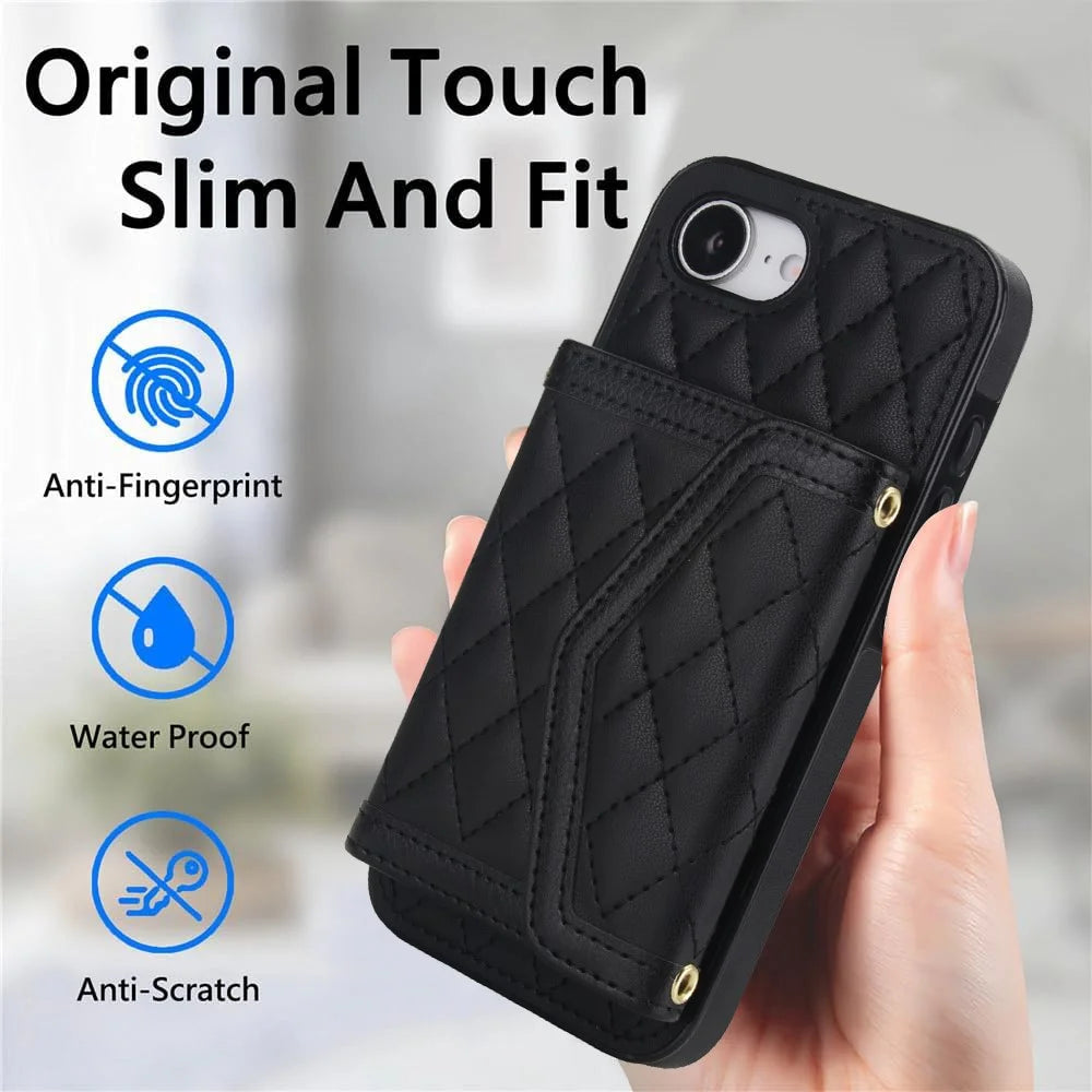 For iPhone 17e / 16e Case Card Holders RFID Blocking PU Leather + TPU Phone Cover with Shoulder Strap - Black - 6