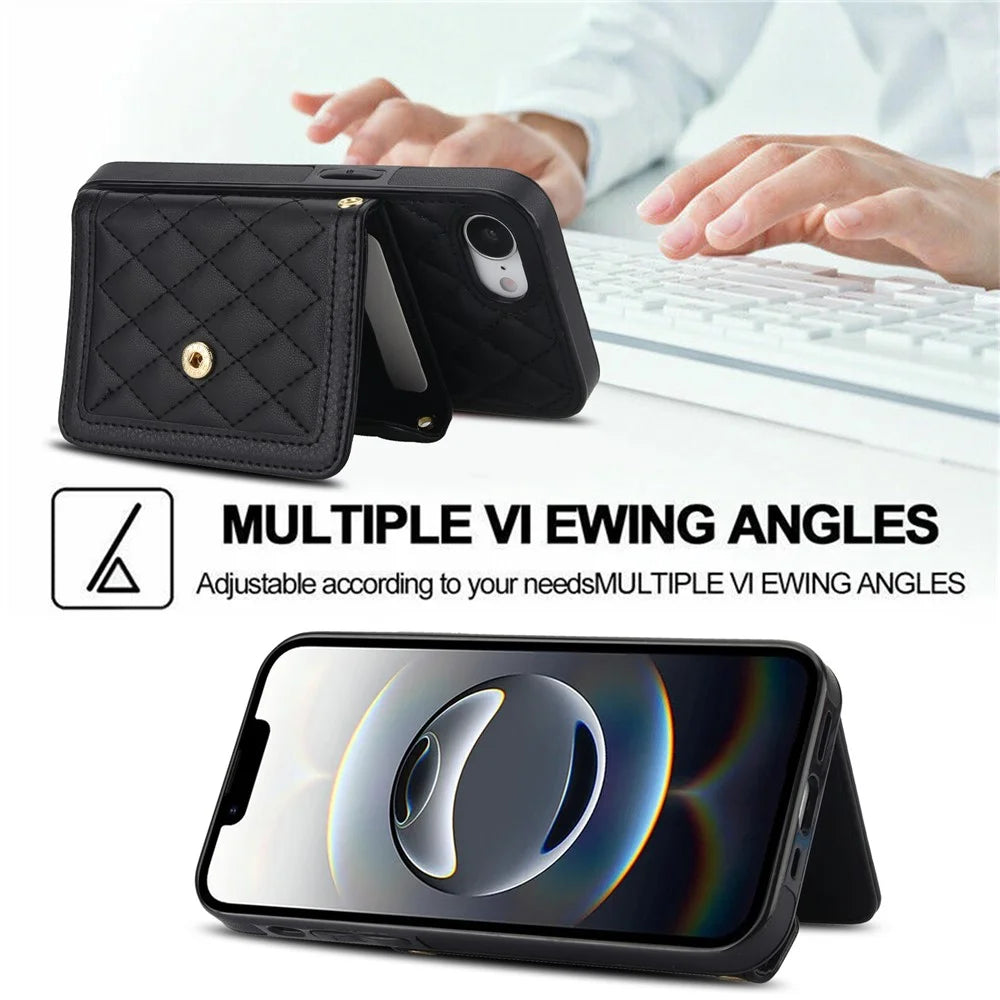 For iPhone 17e / 16e Case Card Holders RFID Blocking PU Leather + TPU Phone Cover with Shoulder Strap - Black - 7