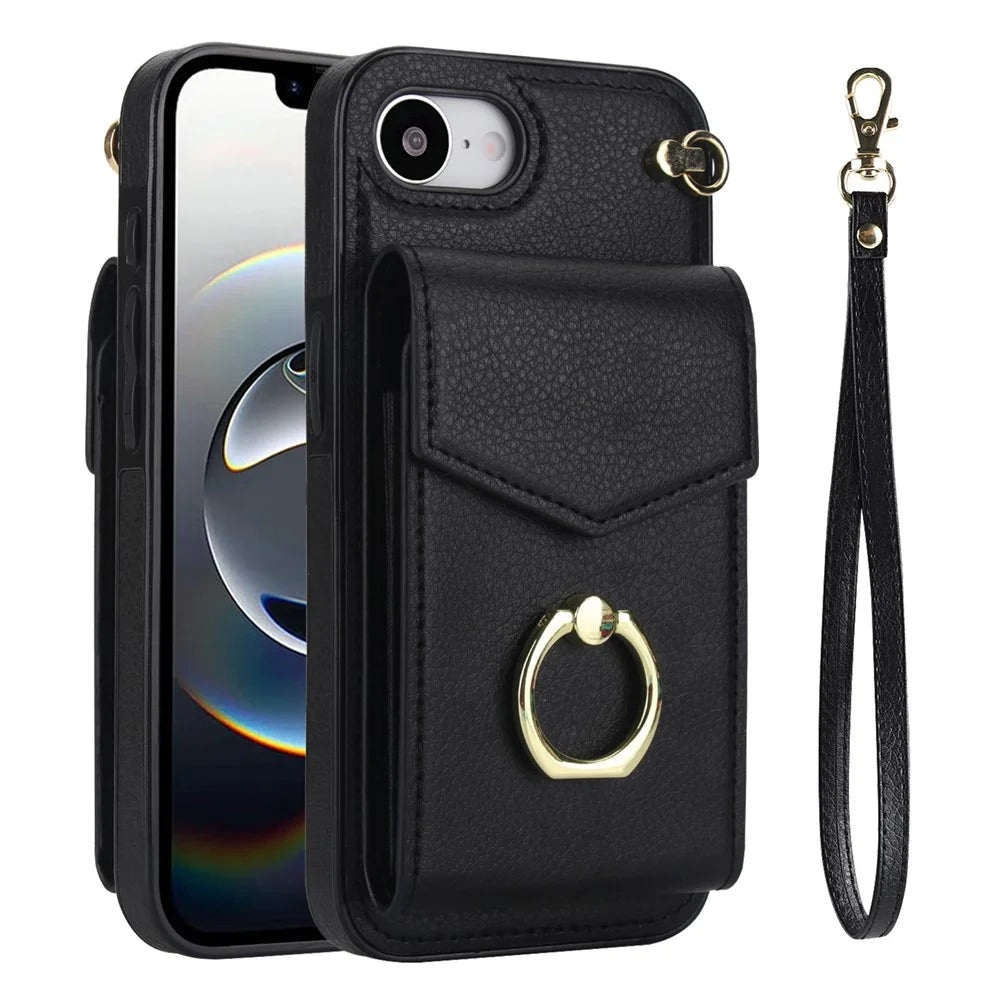 For iPhone 17e / 16e Case Leather + TPU Accordion Card Bag Phone Cover with Ring Kickstand - Black - 1