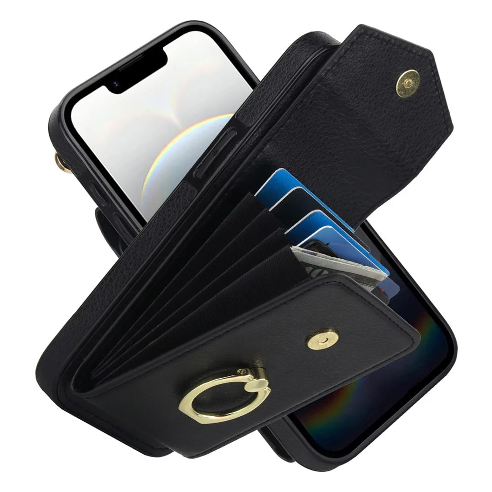 For iPhone 17e / 16e Case Leather + TPU Accordion Card Bag Phone Cover with Ring Kickstand - Black - 2