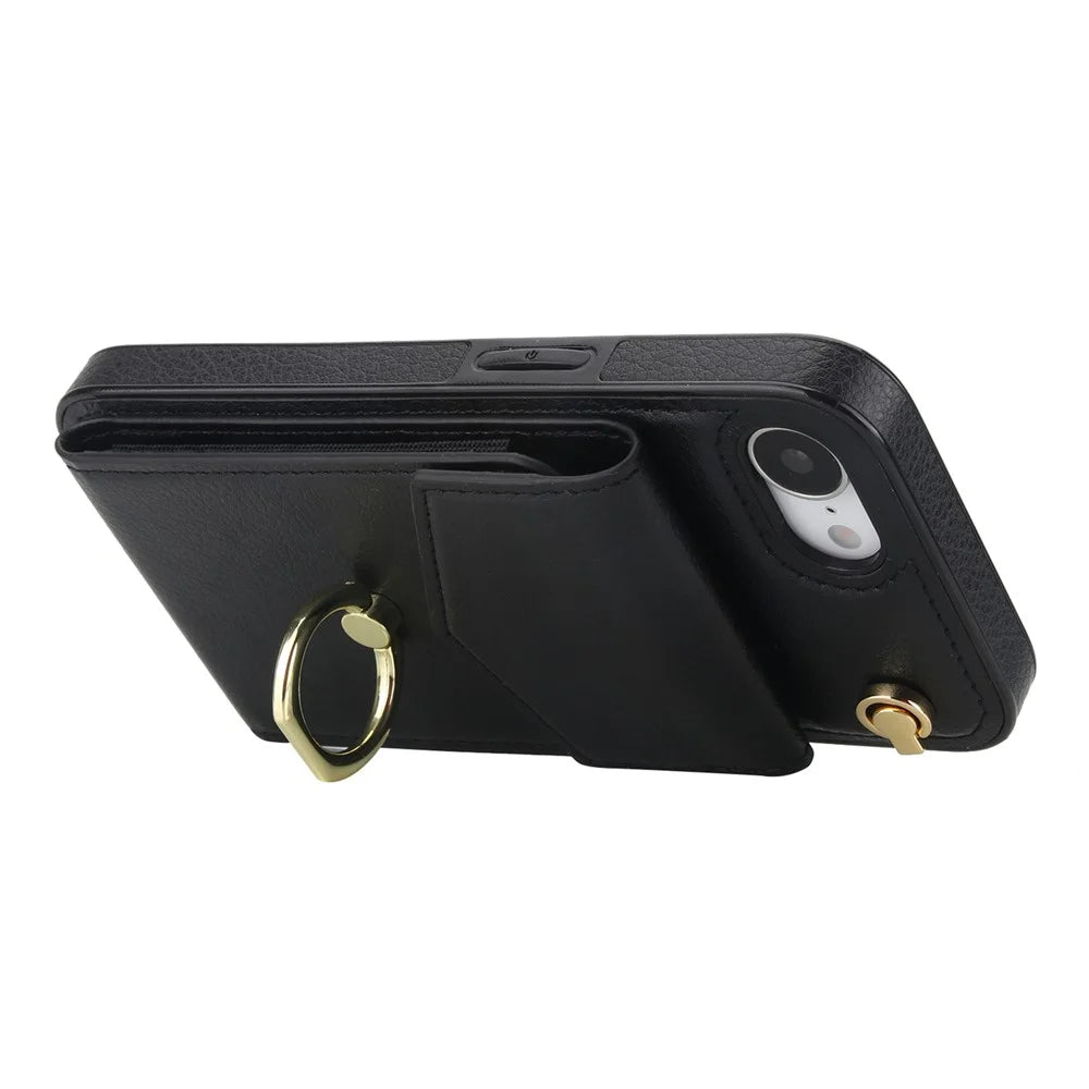For iPhone 17e / 16e Case Leather + TPU Accordion Card Bag Phone Cover with Ring Kickstand - Black - 3