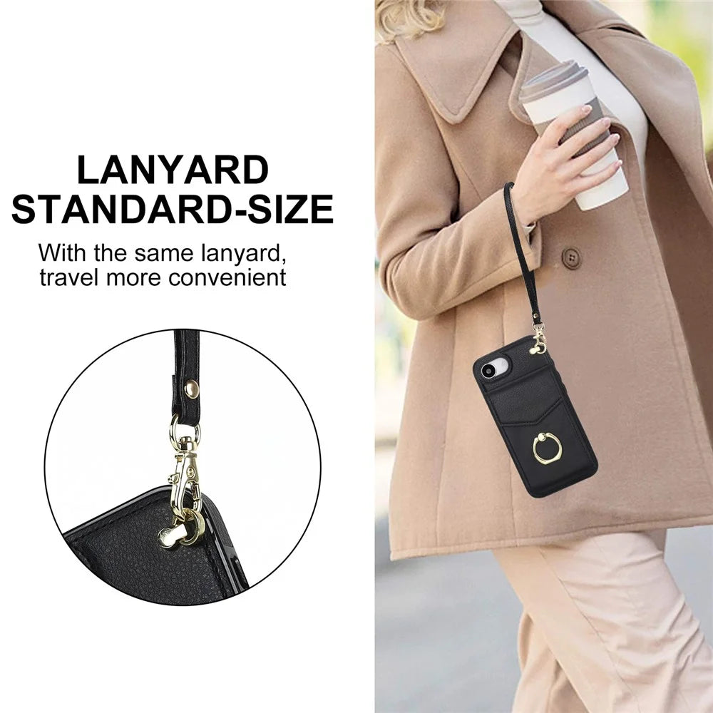 For iPhone 17e / 16e Case Leather + TPU Accordion Card Bag Phone Cover with Ring Kickstand - Black - 4