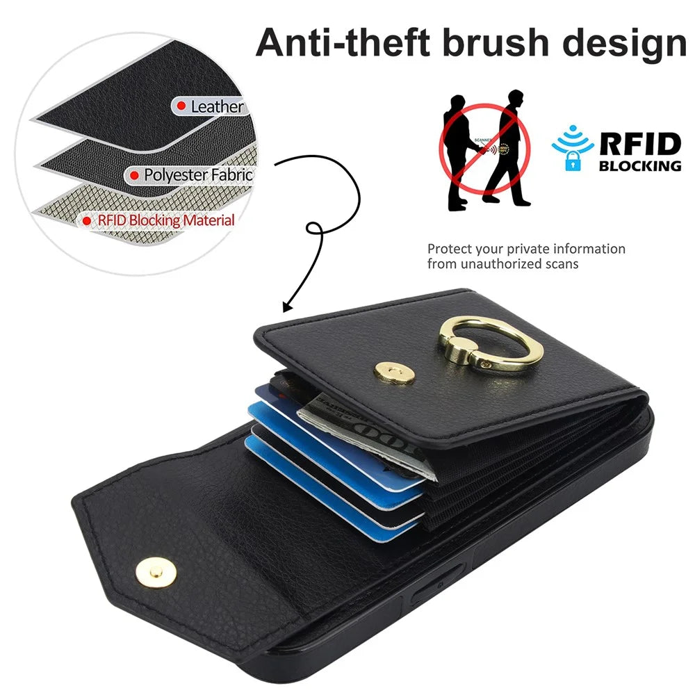 For iPhone 17e / 16e Case Leather + TPU Accordion Card Bag Phone Cover with Ring Kickstand - Black - 5