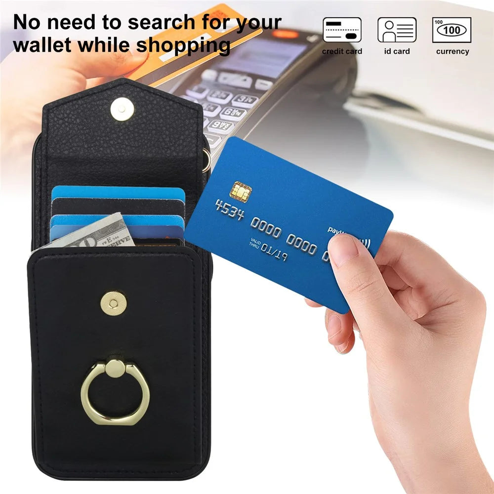 For iPhone 17e / 16e Case Leather + TPU Accordion Card Bag Phone Cover with Ring Kickstand - Black - 6