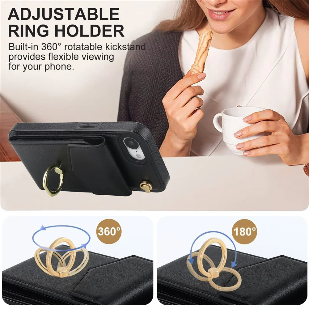 For iPhone 17e / 16e Case Leather + TPU Accordion Card Bag Phone Cover with Ring Kickstand - Black - 7