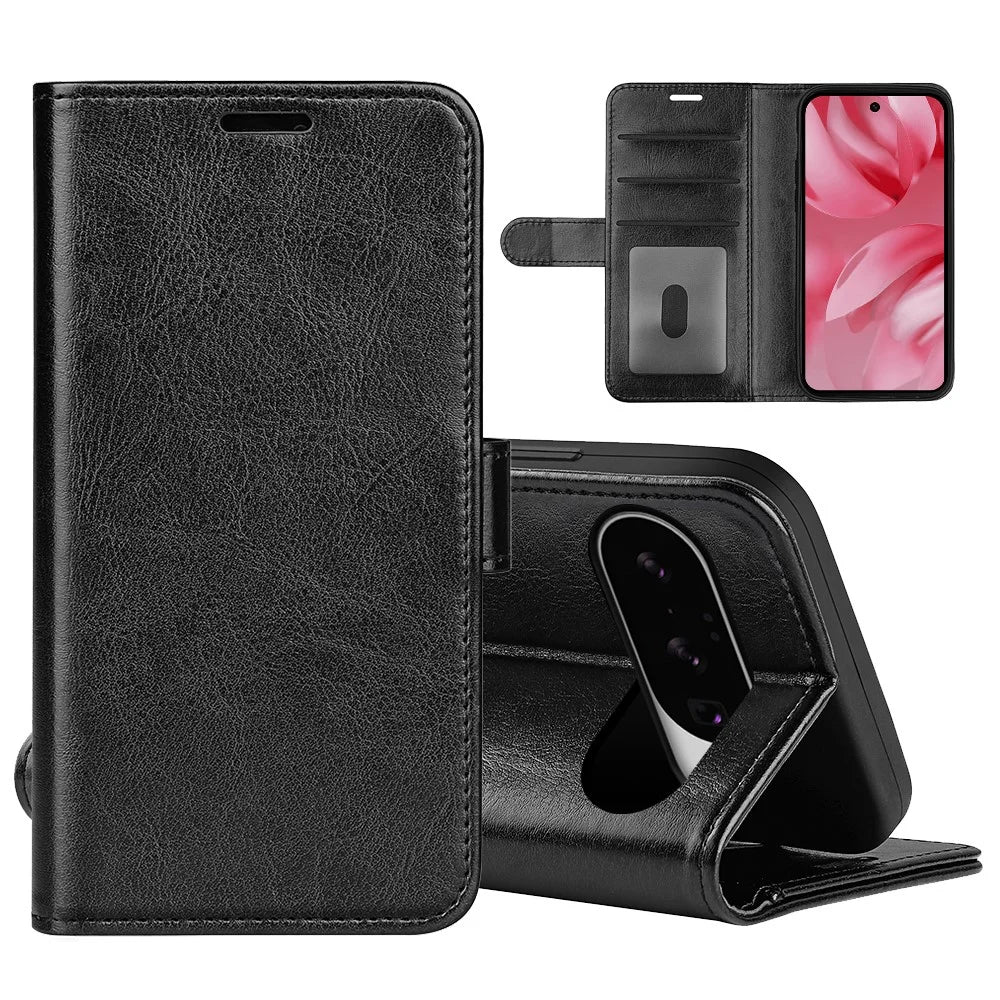 For Google Pixel 10 Case Crazy Horse Texture Stand Leather Phone Cover - Black - 1