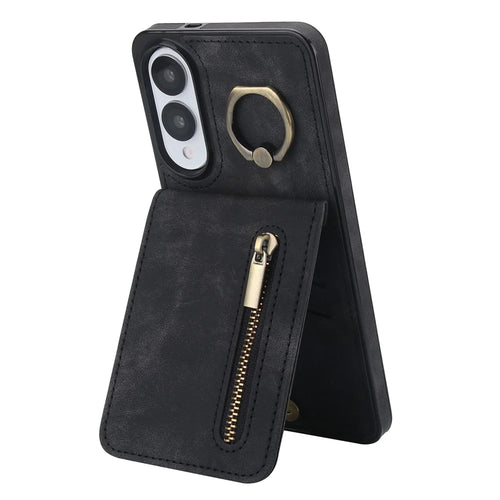 For Samsung Galaxy S25 Edge Case Zipper RFID Blocking Retro Leather + TPU Phone Cover with Kickstand - Black - 1