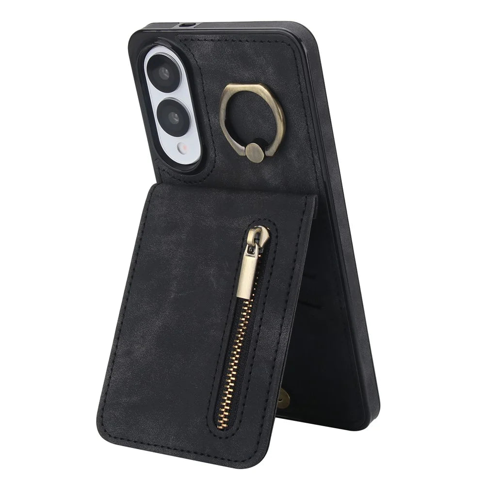 For Samsung Galaxy S25 Edge Case Zipper RFID Blocking Retro Leather + TPU Phone Cover with Kickstand - Black - 1