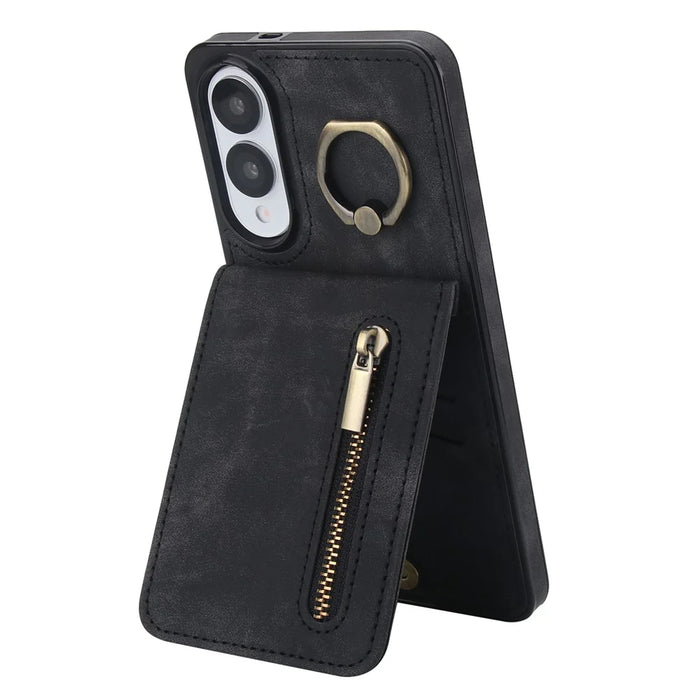 For Samsung Galaxy S25 Edge Case Zipper RFID Blocking Retro Leather + TPU Phone Cover with Kickstand - Black - 1