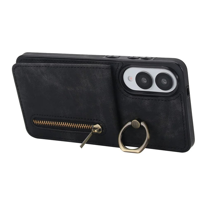 For Samsung Galaxy S25 Edge Case Zipper RFID Blocking Retro Leather + TPU Phone Cover with Kickstand - Black - 2