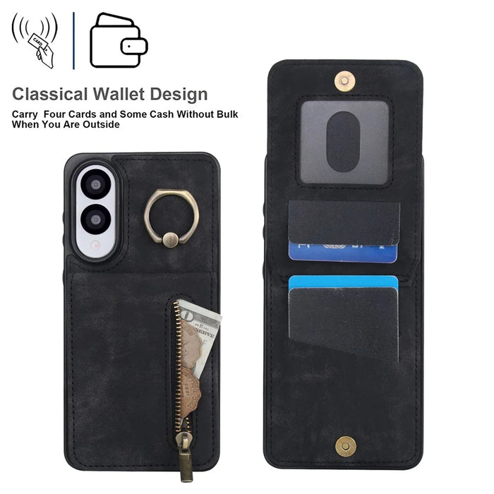 For Samsung Galaxy S25 Edge Case Zipper RFID Blocking Retro Leather + TPU Phone Cover with Kickstand - Black - 3