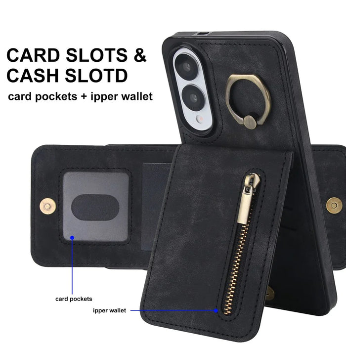 For Samsung Galaxy S25 Edge Case Zipper RFID Blocking Retro Leather + TPU Phone Cover with Kickstand - Black - 4