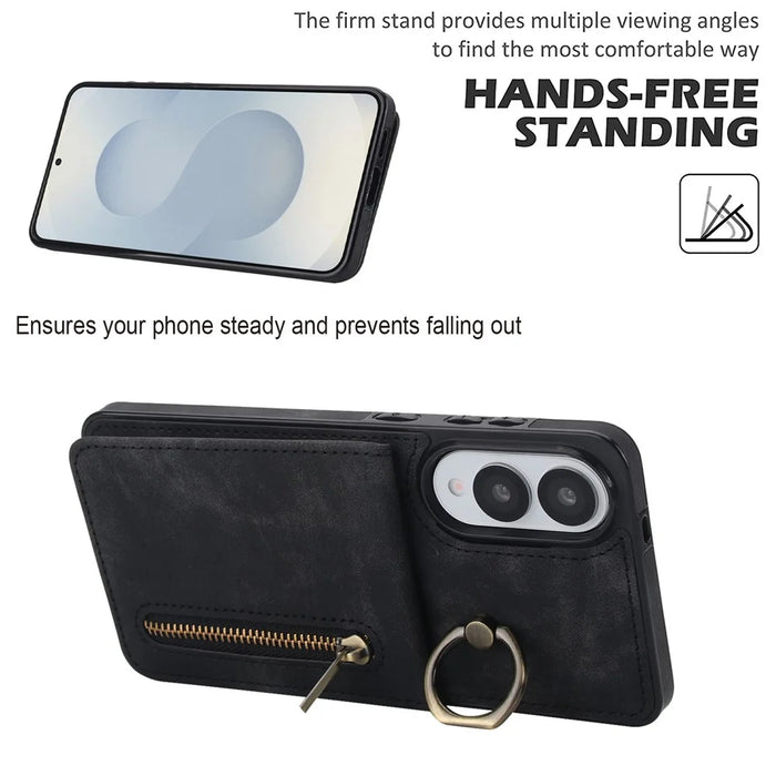 For Samsung Galaxy S25 Edge Case Zipper RFID Blocking Retro Leather + TPU Phone Cover with Kickstand - Black - 5