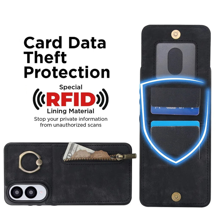 For Samsung Galaxy S25 Edge Case Zipper RFID Blocking Retro Leather + TPU Phone Cover with Kickstand - Black - 6
