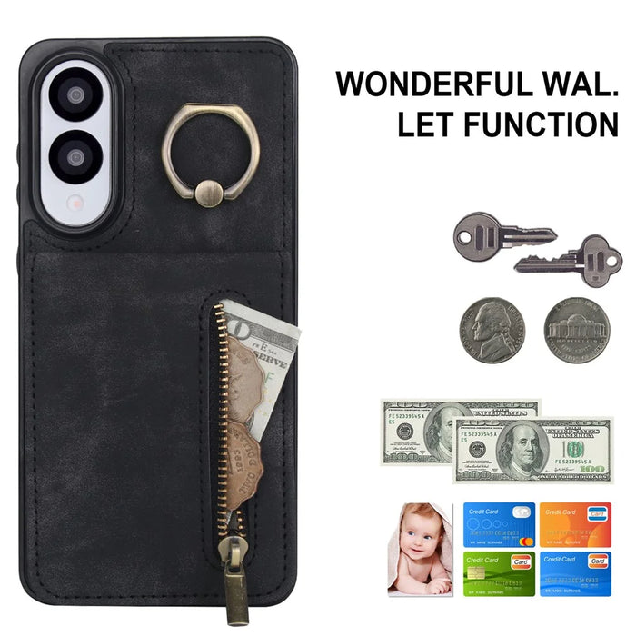 For Samsung Galaxy S25 Edge Case Zipper RFID Blocking Retro Leather + TPU Phone Cover with Kickstand - Black - 7