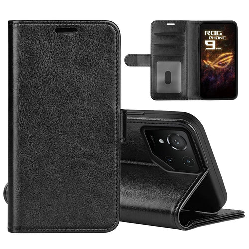 For Asus ROG Phone 9 Pro 5G Case Crazy Horse Texture Stand Leather Phone Cover - Black - 1